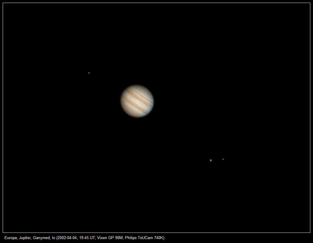 Europa, Jupiter, Ganymed, Io (2002-04-04, 19:45 UT; Vixen GP 90M; Philips ToUCam 740K)