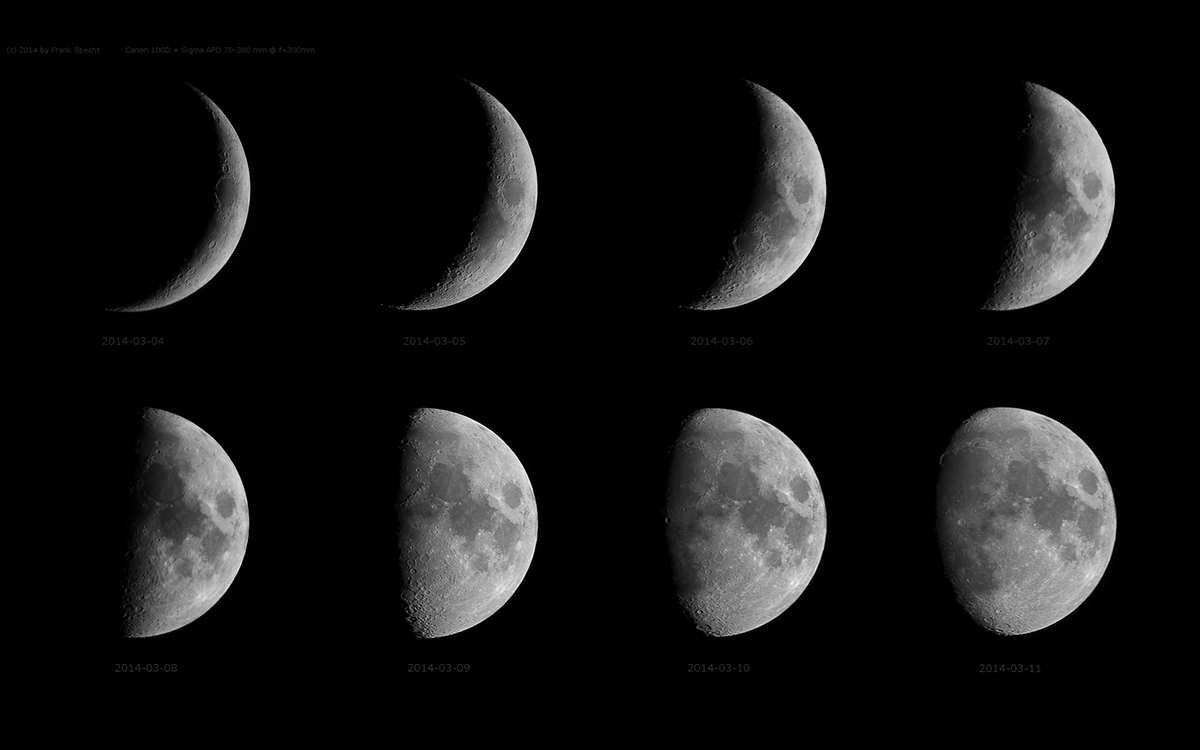 Moon Sequence, 2014:03:04 - 2014:03:11, Canon EOS 100D, 1/500s, f/8, f=263mm, ISO 100